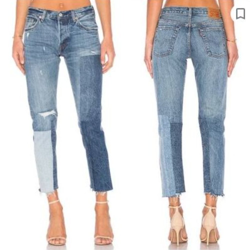 Levis women US 28 x 27 multicolor blue jeans 501 button fly patchwork raw hem